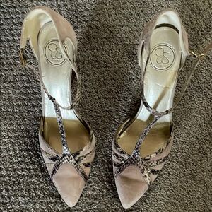 Elegant Strappy Heels in Taupe and Snake Print